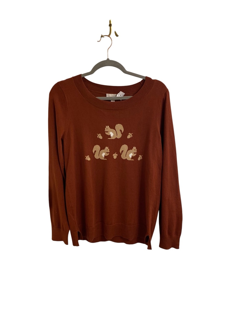 LOFT PERFECT FALL SWEATER Rust Crewneck Sweater Squirrels Motif Large NWT NATURE - Picture 11 of 16